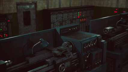 A retro control room showcases a collection of vintage machines and equipment. Dim lighting sets an intriguing atmosphere while colorful lights blink, hinting at past activities. © icetray