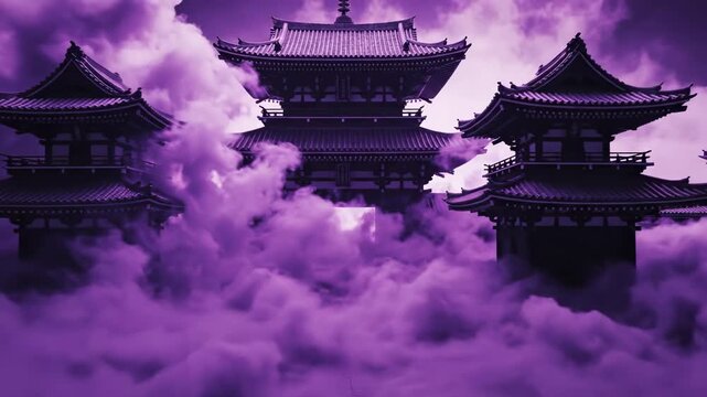 Stylized mysterious swirling violet fog and smoke dramatically rolling through dark traditional stylized Japanese architectural structures vivid color, haunted, horror