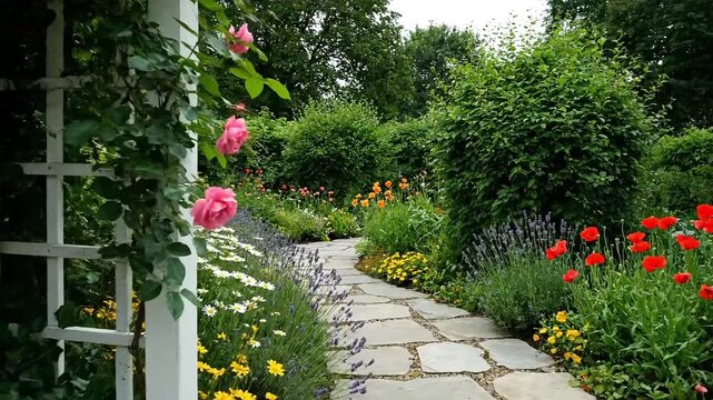 Beautiful garden pathway with vibrant flowers and white trellis