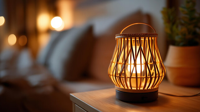 Smart lantern bedside lamp in modern bedroom, warm light night mood, cozy interior soft focus, home decor relaxation, sleep atmosphere, defocused bedroom, with copy space