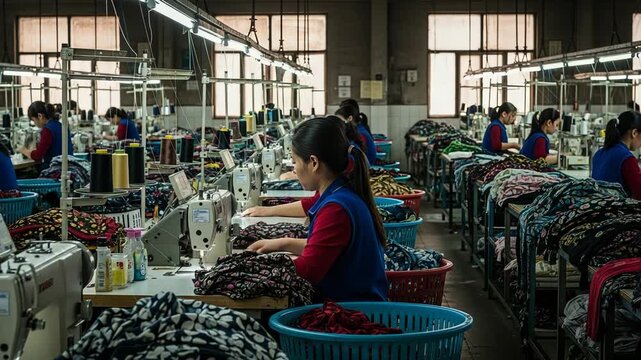 Inside a textile factory, women sew fabric with industrial sewing machines under bright lights