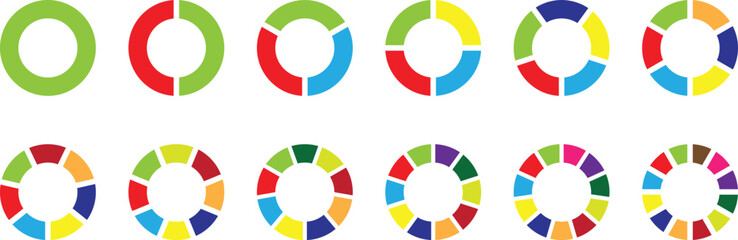 Pie chart color icons. Circle section graph. Circle chart, circle sections and round donuts chart pieces.