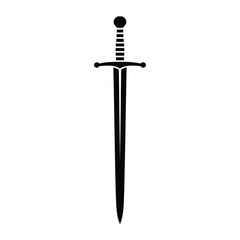 A stark black silhouette of a medieval longsword vertically oriented