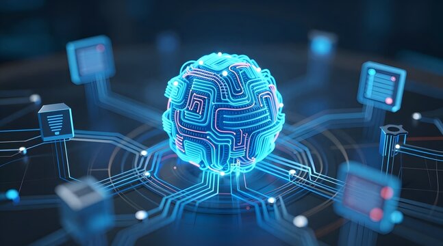 Glowing sphere connected to network of glowing components in a digital space