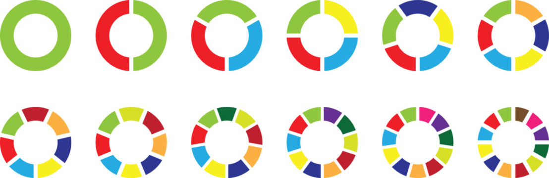 Pie chart color icons. Circle section graph. Circle chart, circle sections and round donuts chart pieces.
