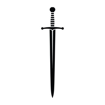 A stark black silhouette of a medieval longsword vertically oriented
