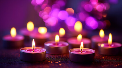 Burning candles glowing with blurred lights in soft focus, purple background atmosphere, romantic illumination, peaceful mood, defocused bokeh effect, with copy space
