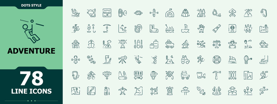Adventure icon set. Contains related to travel, climbing, exploration, camp, journey, camping and more. Hiking icon set. Thin icons set. Vector illustration. Pixel perfect.