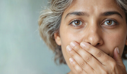 Face of woman with a white hand covering her mouth. The woman has a serious look on her face
