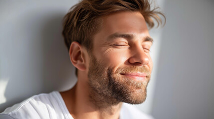 Fototapeta premium Young man smiling calm with closed eyes, faceless peaceful portrait, soft studio lighting white tee, minimal focus ease, subtle happiness relaxed content, with copy space