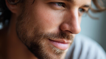 Obraz premium Close-up portrait of young man's face in late twenties early thirties, faceless features, dark hair and beard, masculine detail, defocused background, with copy space