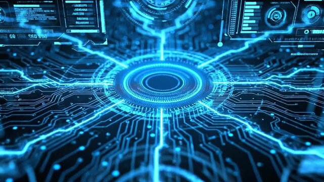 AI glowing circuit portal with neon HUD and futuristic interface design