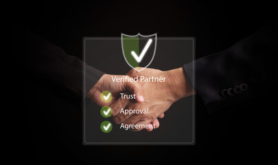 Verified business partner handshake showing trust, collaboration, reliable partnership, professional cooperation, strong commitment and support, and trustworthy agreement, for corporate success.