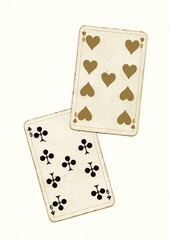 A pair of vintage playing cards of the same value in sepia on a white background.