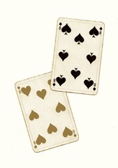A pair of vintage playing cards of the same value in sepia on a white background.