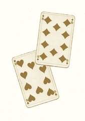 A pair of vintage playing cards of the same value in sepia on a white background.