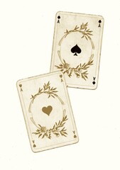 A pair of vintage playing cards of the same value in sepia on a white background.