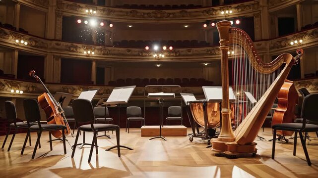 Empty orchestra stage with classical instruments in a grand theater. Panning shot of a cello, harp, and timpani ready for a concert performance in an ornate opera house. Symphony and culture concept