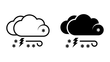 Blizzard icon set. Simple flat illustration of weather cloud with snow, wind, and lightning in two color styles. Design element for weather forecast, infographics or weather related project.