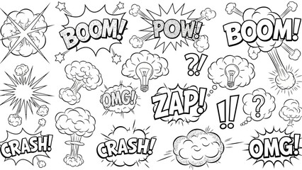 Seamless Pattern of Comic Book Sound Effects, Speech Bubbles, and Explosion Bursts on Isolated White Background © ndowi