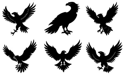 Collection of birds in flight and standing, silhouetted against a clean background, showcasing various wing positions and avian postures from different viewpoints.