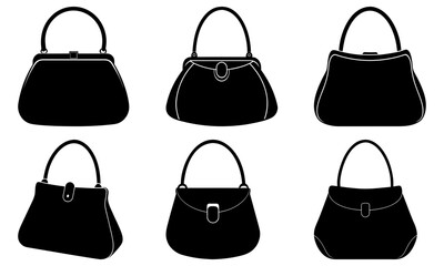 Collection of various black handbags with different designs and handles displayed against a clean white background from a straightforward viewpoint.