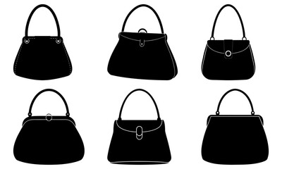 Collection of black handbags with various designs and styles on a white background viewed from the front