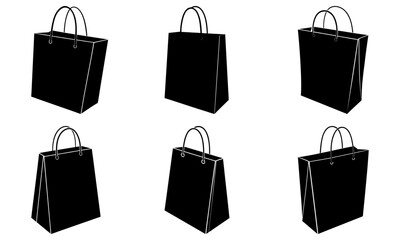 Collection of black shopping bags with handles, arranged in two rows, on a clean white background, from a straightforward viewpoint.