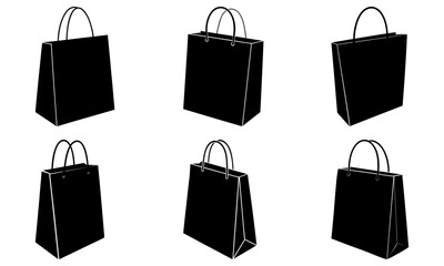 Six black shopping bags with handles standing upright on a white background from different viewpoints