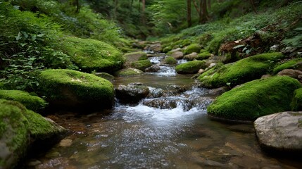 Obraz premium A clear stream flows over moss covered stones in a lush green forest setting