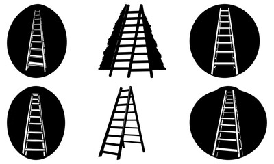 Multiple ladders in various orientations and views on white background