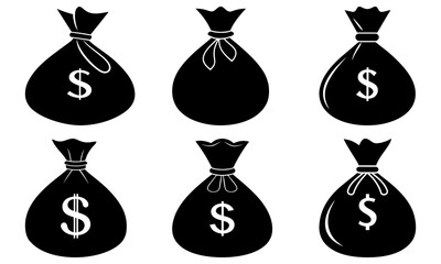 Illustration of six black money bags with dollar signs arranged in two rows on a plain white background