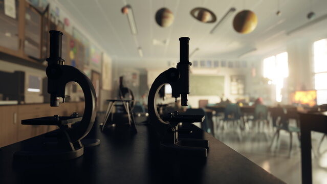 A bright science classroom showcases microscopes in focus, while students are engaged in learning. Sunlight streams through windows, enhancing the atmosphere of exploration and curiosity.