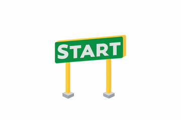 A green start sign with yellow posts and grey bases is displayed