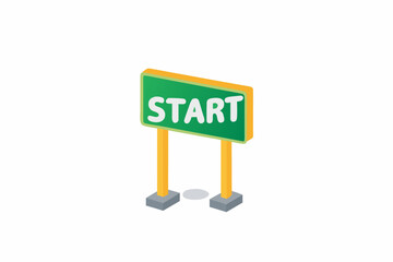 Isometric illustration of a green start sign with yellow supports