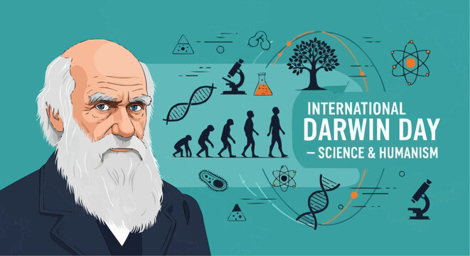 Illustration of charles darwin with scientific symbols and text celebrating international darwin day science and humanism concept