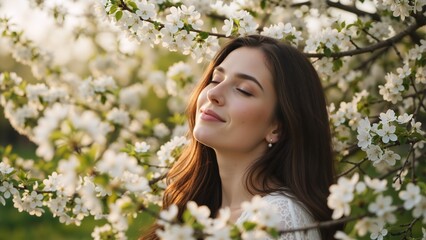 Naklejka premium Young woman enjoying the scent of spring flowers in a blooming garden. Portrait of a happy female with eyes closed surrounded by white blossoms. Springtime wellness and nature concept
