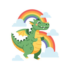 Fototapeta premium Cute dragon character illustration smiling under a vibrant rainbow and clouds, whimsical vector art.