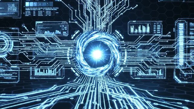 AI glowing circuit portal with neon HUD and futuristic interface design