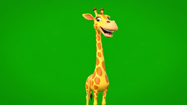 Cartoon Giraffe Character Smiling on Green Screen Backdrop Animation Friendly Cheerful Animal with Long Neck and Orange Spots