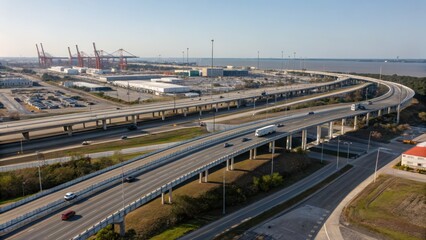 Fototapeta premium Aerial View of Industrial Area with Highway and Shipping Ports
