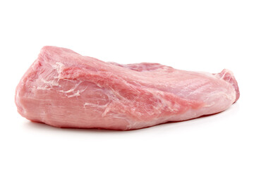 Uncooked boneless pork loin roast, pale pink and fresh, displayed on a white background for culinary concepts, isolated on white background