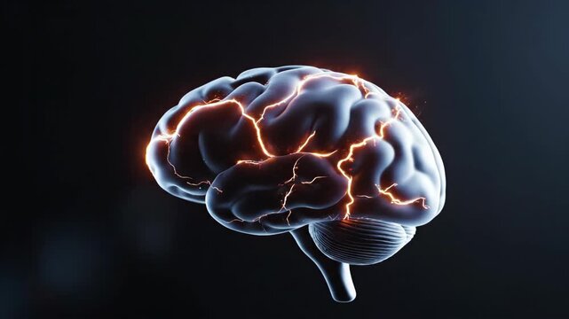 3D visualization of human brain spinning with electrical neuronal impulses firing across the cortex on a dark background.