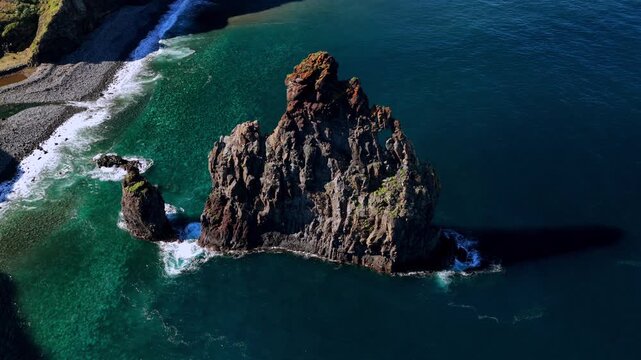 Famous rock formation in Madeira islands., Portugal. Name is  Ilheus da Ribeira da Janela