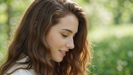 Naklejka premium Profile of a young woman with wavy brown hair smiling outdoors. Portrait of a happy female in a park with natural sunlight. Side view of a brunette looking down in a garden