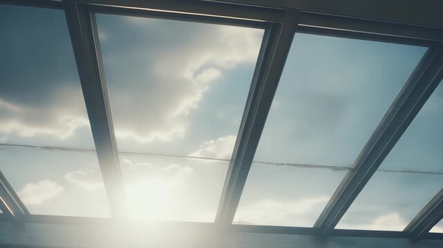 Bright sun light illuminating an interior space, passing through clear glass panels of a contemporary structural roof design showing blue sky and soft clouds above, creating a sense of openness