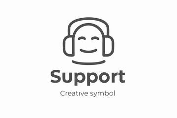 Line art illustration of a smiling face with headphones and the word support