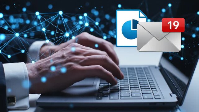 Hands typing on laptop with digital icons