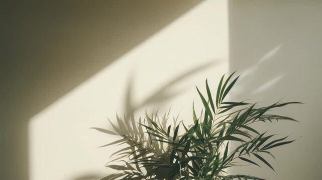 Growing green houseplant creating a captivating shadow on a neutral colored wall, bringing natural elements and warm afternoon light into a minimalist interior space