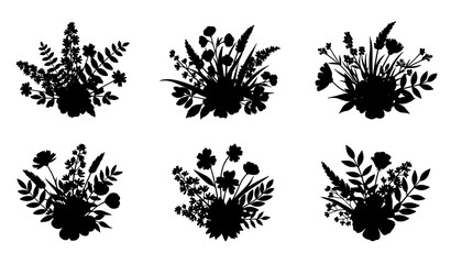 Fototapeta premium Handcrafted wildflower and garden plant bouquet vector silhouettes